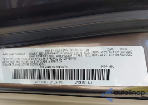 2009 Subaru Outback 2.5Xt Limited z USA, uszkodzony, nr VIN 4S4BP63C694323239